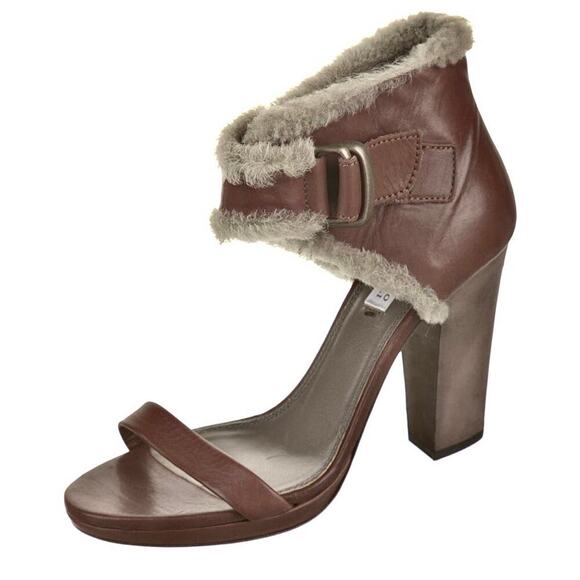 B45 BRUNELLO CUCINELLI Leather Fur Trim Heels Block Sandals EU 36 US 6 - Picture 1 of 12